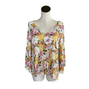 Rachel Zoe Floral Bell Sleeve Babydoll Blouse Flowy Flowers Size Large L